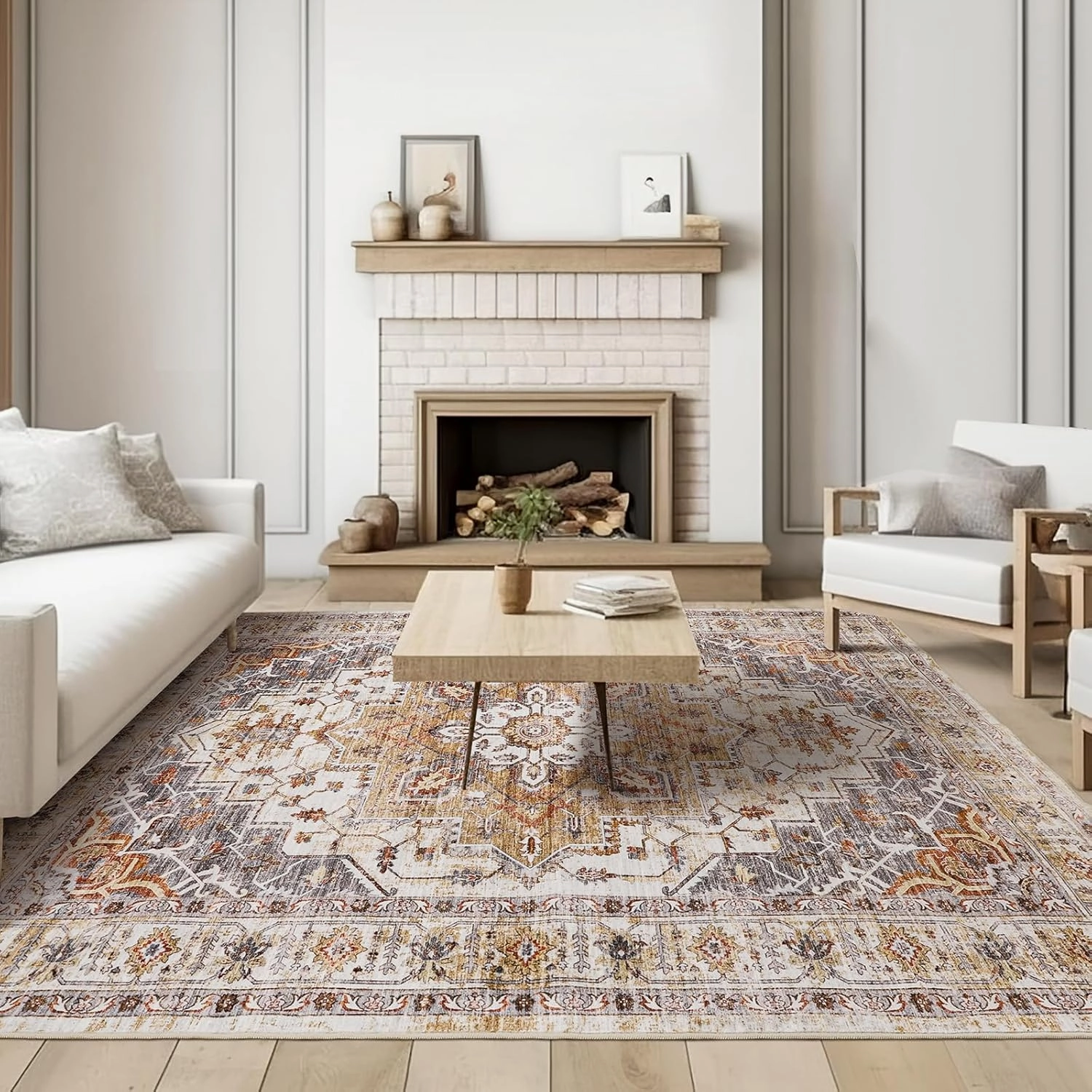 Washable Area Rug 8x10, Large Soft Rugs for Living Room Stain Resistant Non-Slip Backing Rugs for Bedroom, Vintage Clearance Large Area Rug (Turmeric/Grey,8'x10')