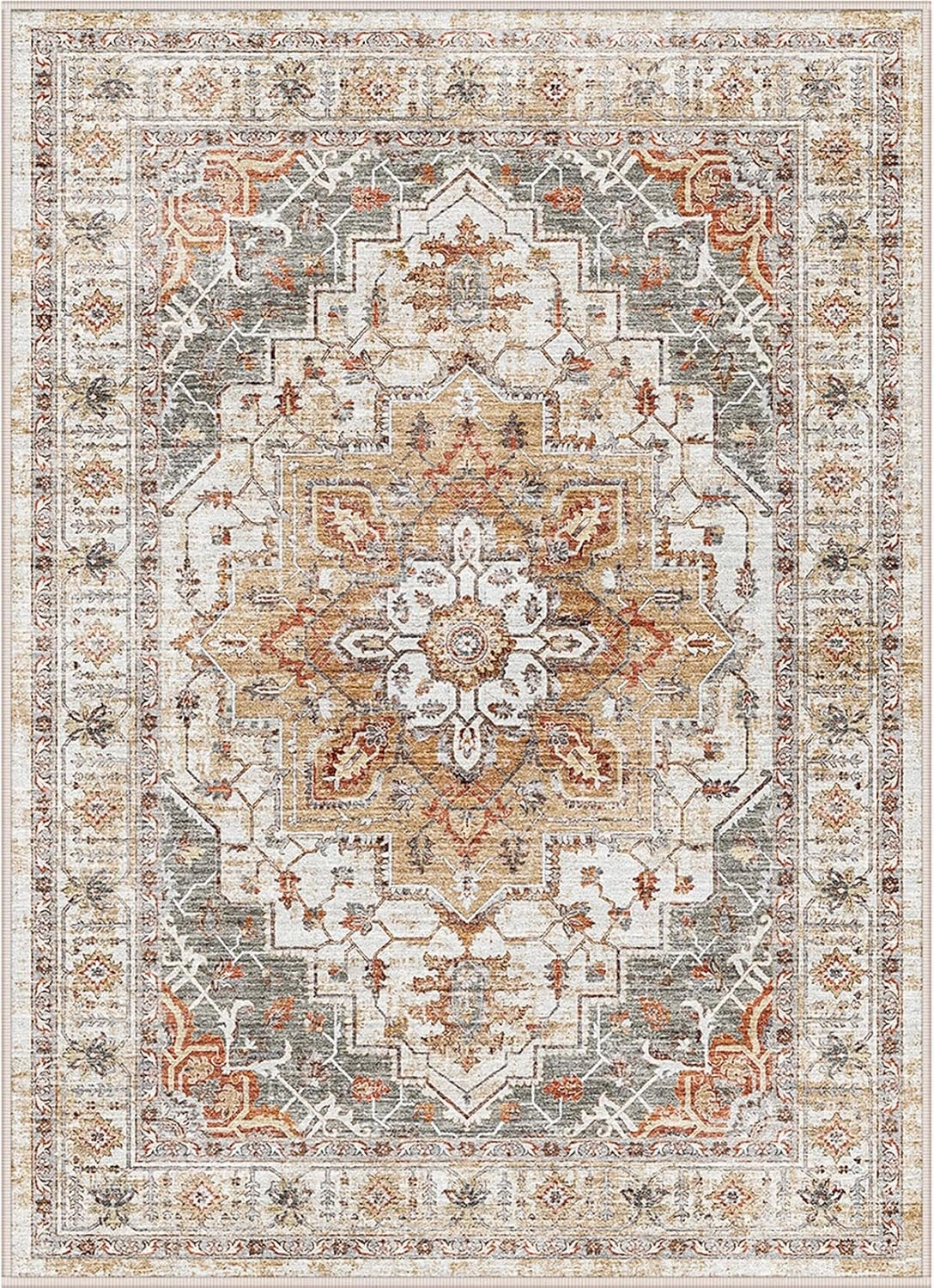 Washable Area Rug 8x10, Large Soft Rugs for Living Room Stain Resistant Non-Slip Backing Rugs for Bedroom, Vintage Clearance Large Area Rug (Turmeric/Grey,8'x10')