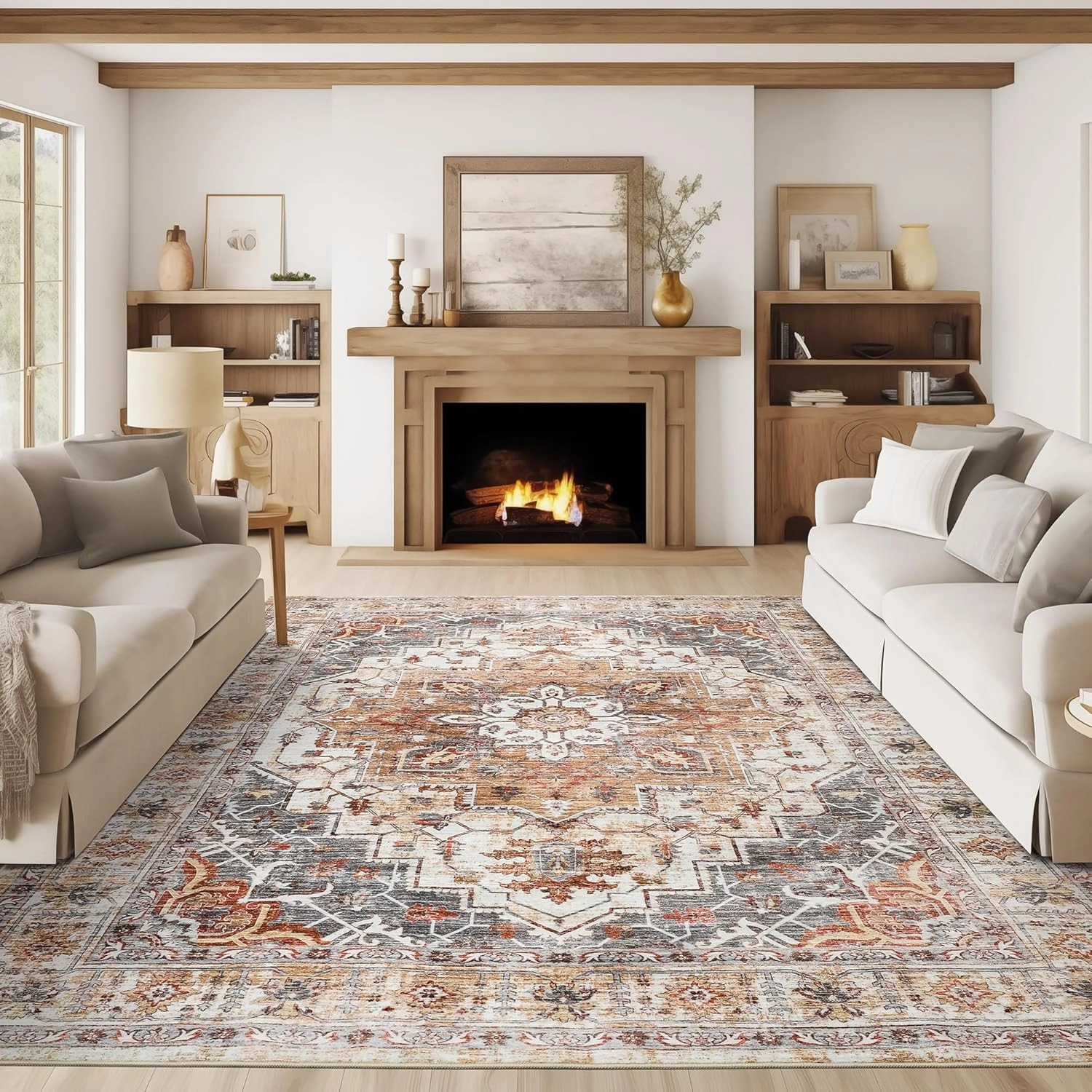 Washable Area Rug 8x10, Large Soft Rugs for Living Room Stain Resistant Non-Slip Backing Rugs for Bedroom, Vintage Clearance Large Area Rug (Turmeric/Grey,8'x10')