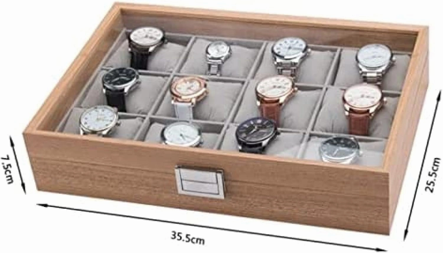 Watch Box Watch Case Watch Roll Watches Display Storage Organizer Modern Wood 12 Slots Simple Luxury Watch Box Case Storage with Clear Top,Natural,35.5X25.5X7.5cm