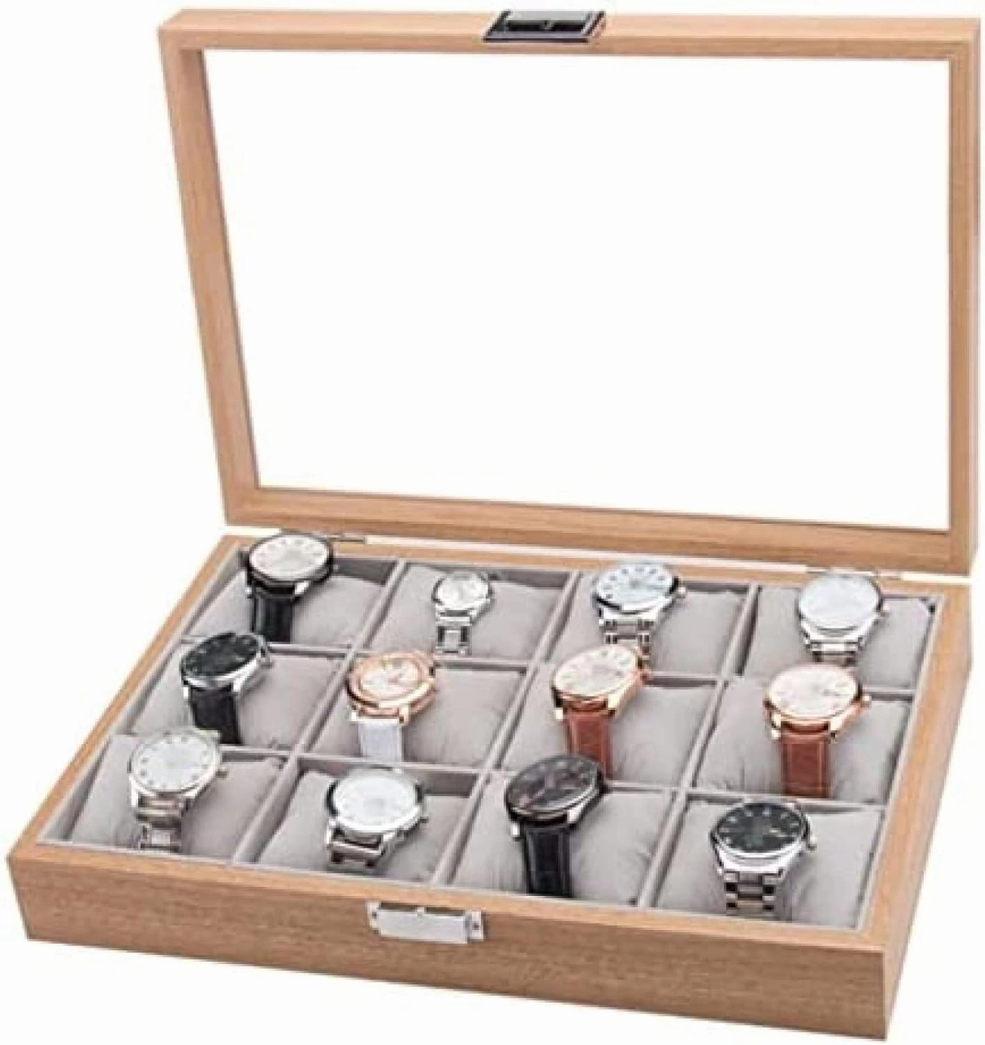 Watch Box Watch Case Watch Roll Watches Display Storage Organizer Modern Wood 12 Slots Simple Luxury Watch Box Case Storage with Clear Top,Natural,35.5X25.5X7.5cm