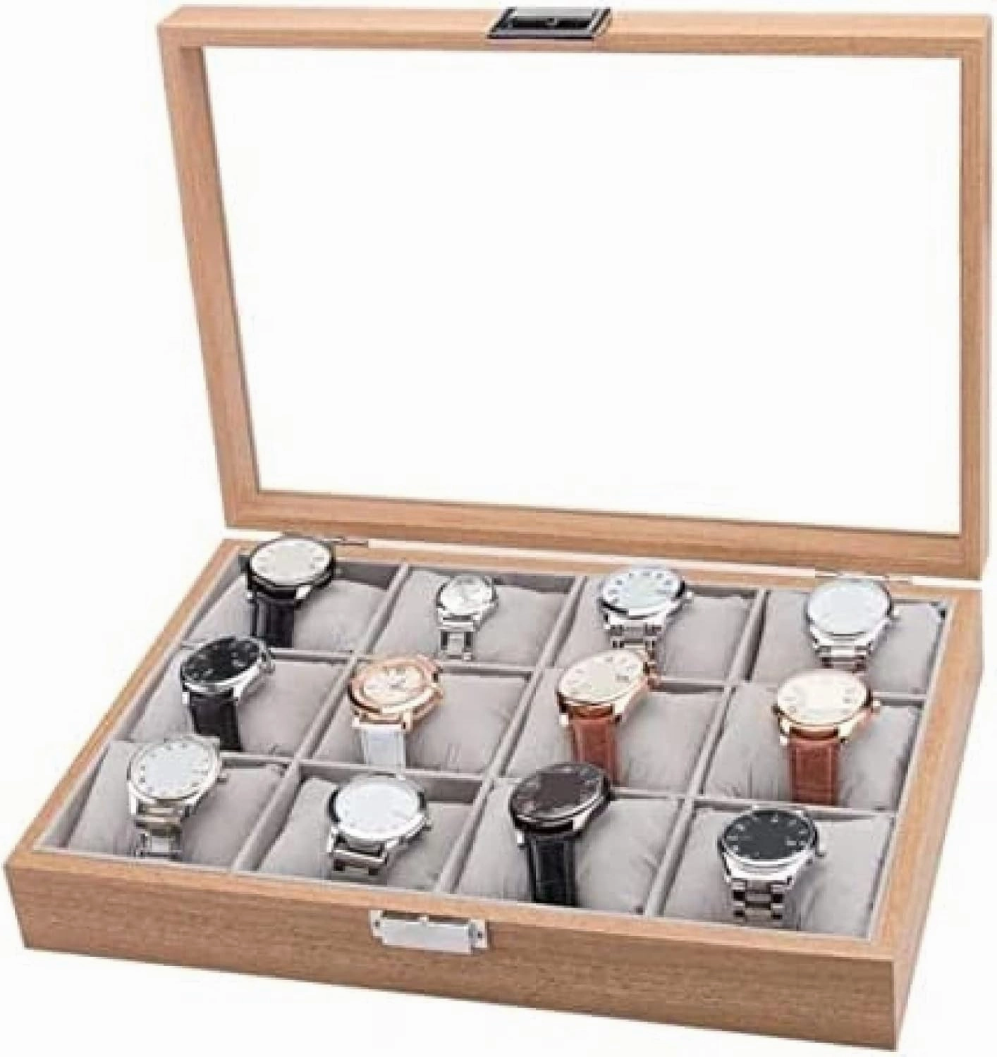 Watch Box Watch Case Watch Roll Watches Display Storage Organizer Modern Wood 12 Slots Simple Luxury Watch Box Case Storage with Clear Top,Natural,35.5X25.5X7.5cm