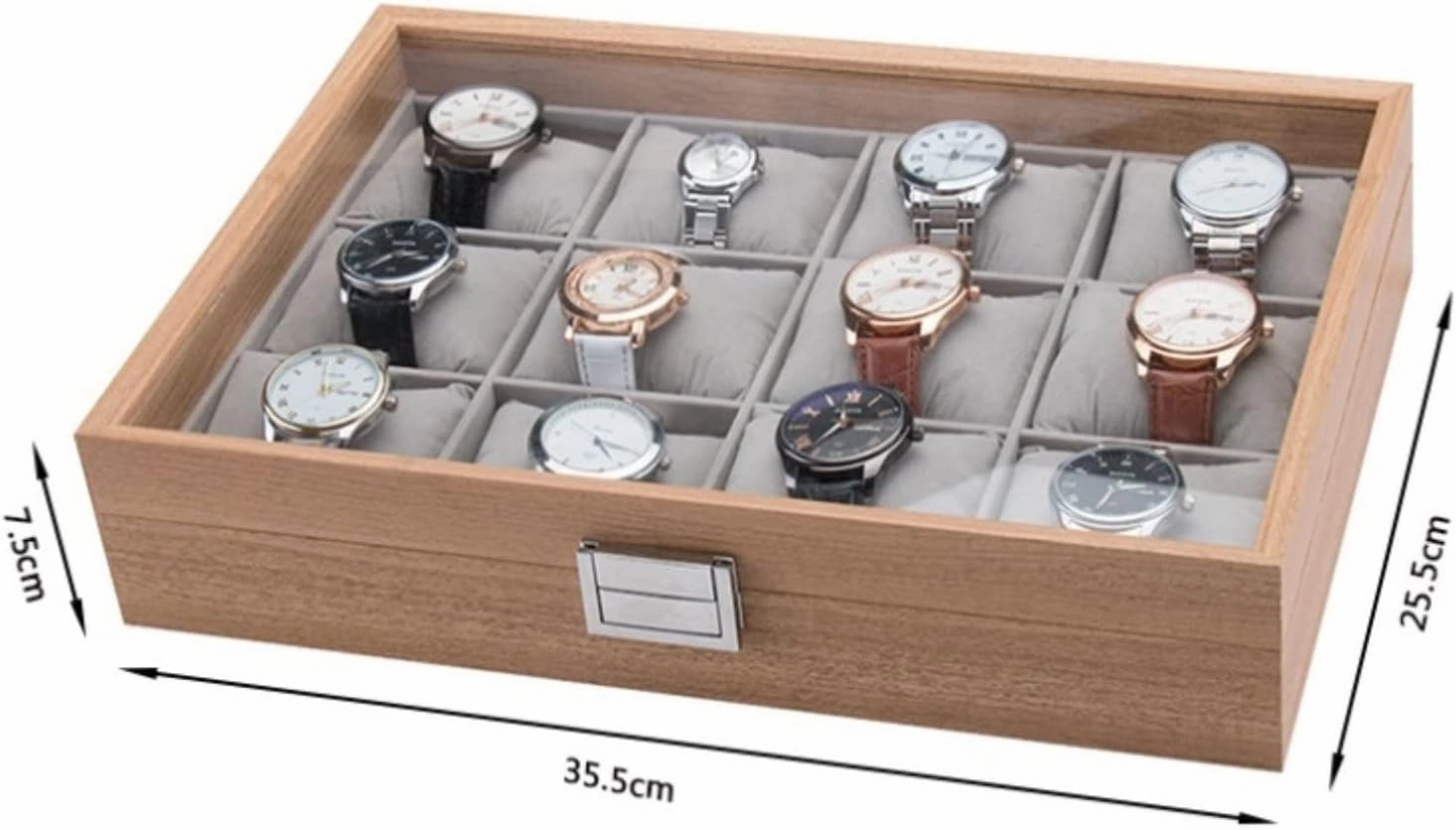 Watch Case Watches Display Storage Organizer Modern Wood 12 Slots Simple Luxury Watch Box Case Storage with Clear Top Watch Box (Natural 35.5 * 25.5 * 7.5cm)