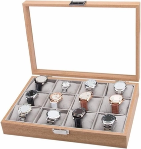 Watch Case Watches Display Storage Organizer Modern Wood 12 Slots Simple Luxury Watch Box Case Storage with Clear Top Watch Box (Natural 35.5 * 25.5 * 7.5cm)