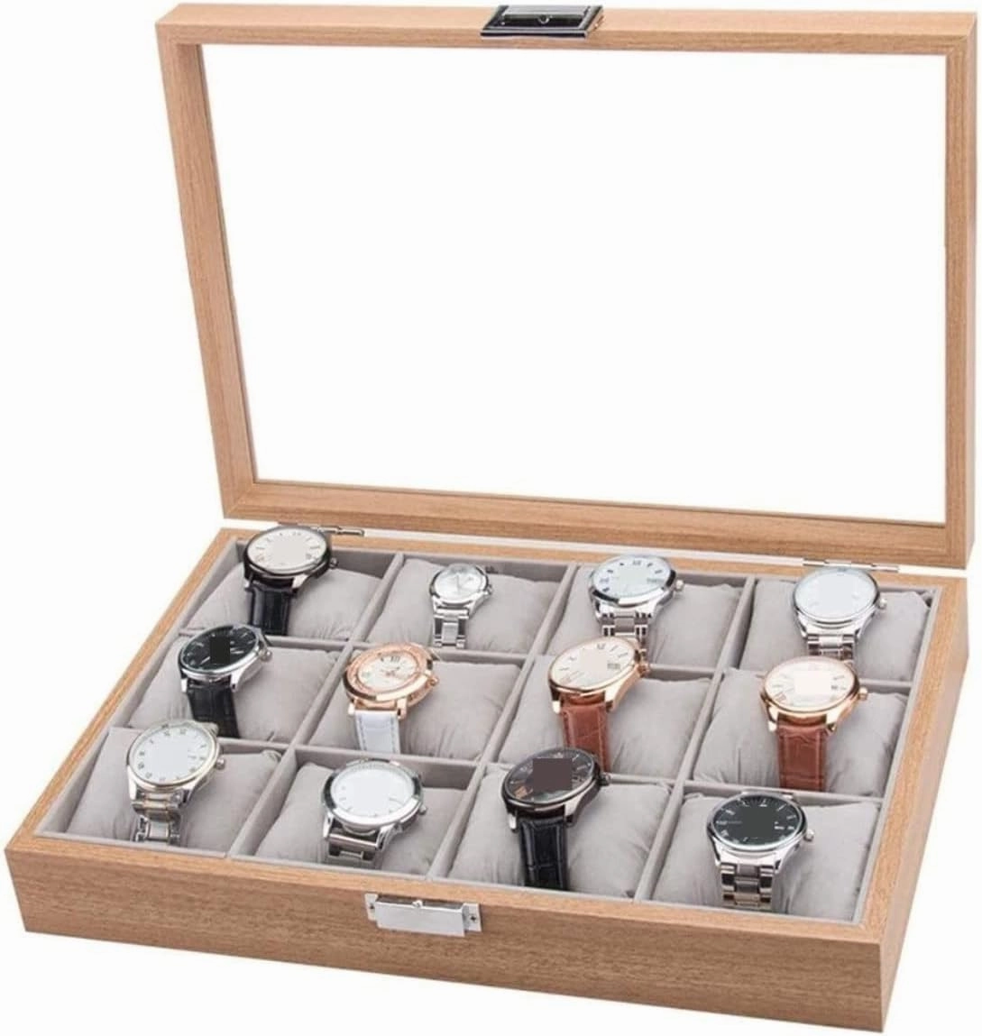 Watch Case Watches Display Storage Organizer Modern Wood 12 Slots Simple Luxury Watch Box Case Storage with Clear Top Watch Box (Natural 35.5 * 25.5 * 7.5cm)