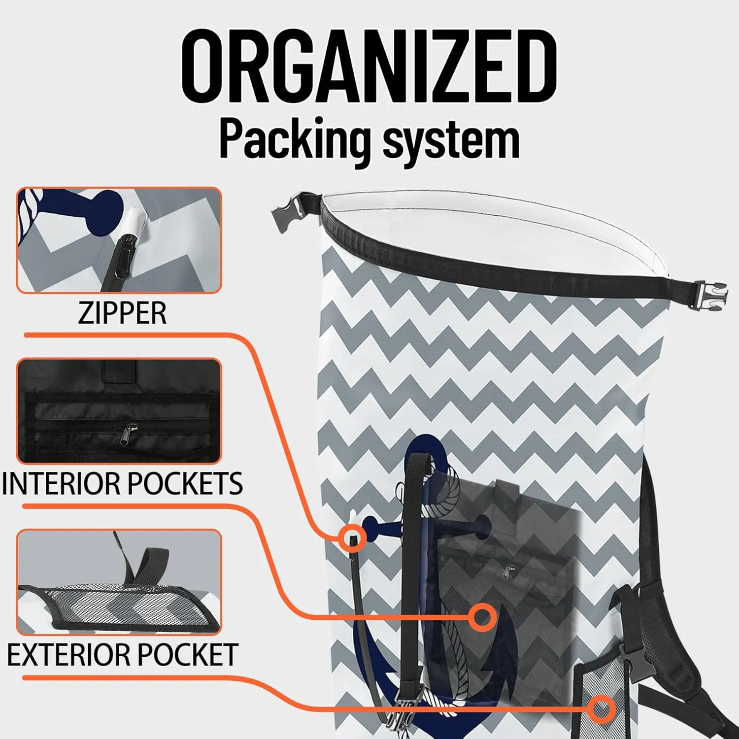 Waterproof Dry Bag Heavy Duty Marine Dry Bags for Kayaking Hiking Anchor Nautical Navy Blue Gray Striped Backpack Roll-Top Closure Bag - Backpack Waterproof Phone Case 35L/55L/85L