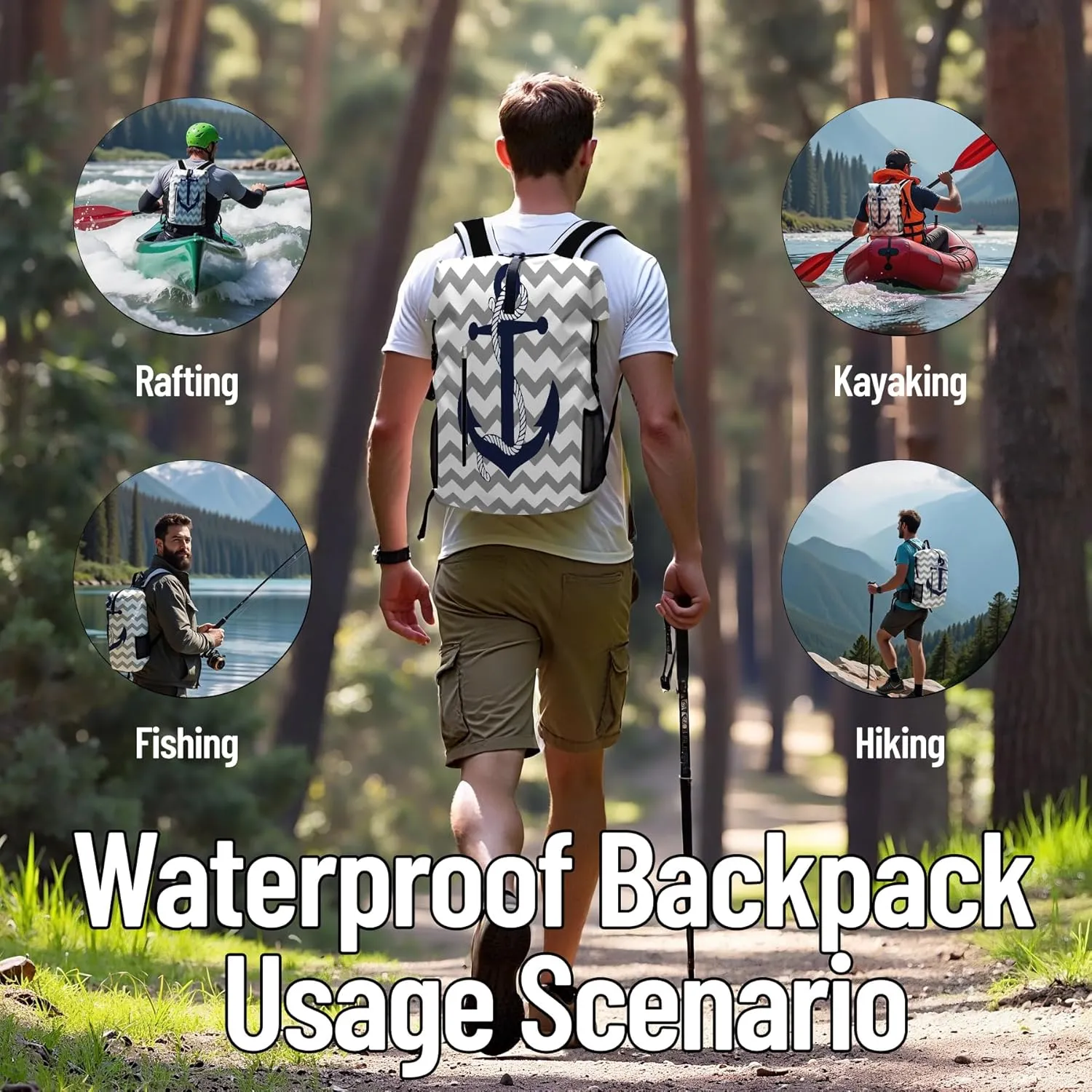 Waterproof Dry Bag Heavy Duty Marine Dry Bags for Kayaking Hiking Anchor Nautical Navy Blue Gray Striped Backpack Roll-Top Closure Bag - Backpack Waterproof Phone Case 35L/55L/85L