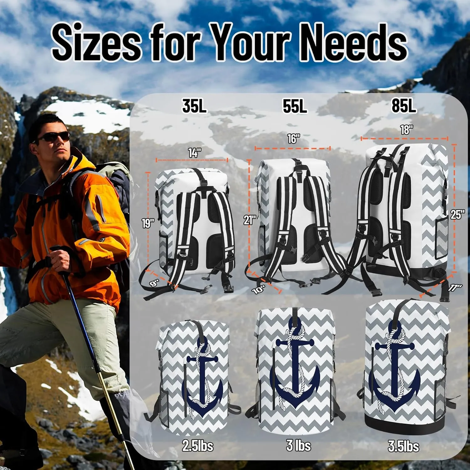 Waterproof Dry Bag Heavy Duty Marine Dry Bags for Kayaking Hiking Anchor Nautical Navy Blue Gray Striped Backpack Roll-Top Closure Bag - Backpack Waterproof Phone Case 35L/55L/85L
