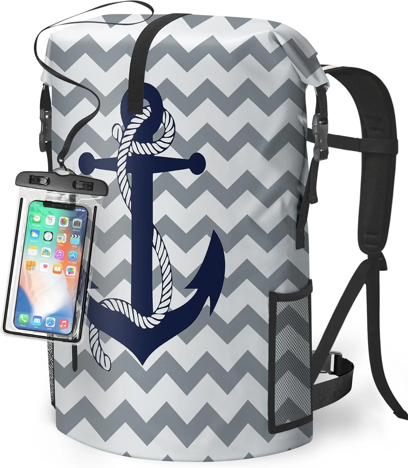 Waterproof Dry Bag Heavy Duty Marine Dry Bags for Kayaking Hiking Anchor Nautical Navy Blue Gray Striped Backpack Roll-Top Closure Bag - Backpack Waterproof Phone Case 35L/55L/85L