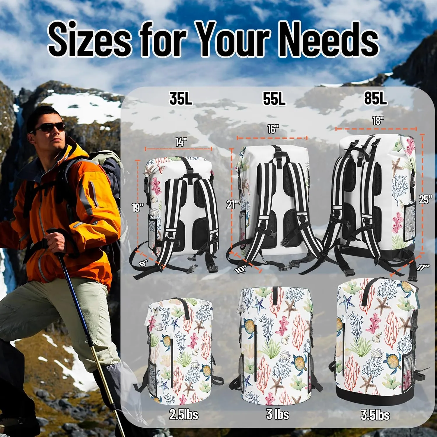 Waterproof Dry Bag Heavy Duty Marine Dry Bags for Kayaking Hiking Sea Turtle Coral Nautical Starfish Backpack Roll-Top Closure Bag - Backpack Waterproof Phone Case 35L/55L/85L