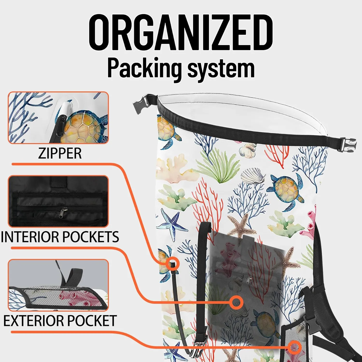 Waterproof Dry Bag Heavy Duty Marine Dry Bags for Kayaking Hiking Sea Turtle Coral Nautical Starfish Backpack Roll-Top Closure Bag - Backpack Waterproof Phone Case 35L/55L/85L