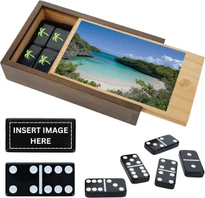 WE Games Custom Color Logo or Image Double 6 Black Dominoes Set in Wooden Case