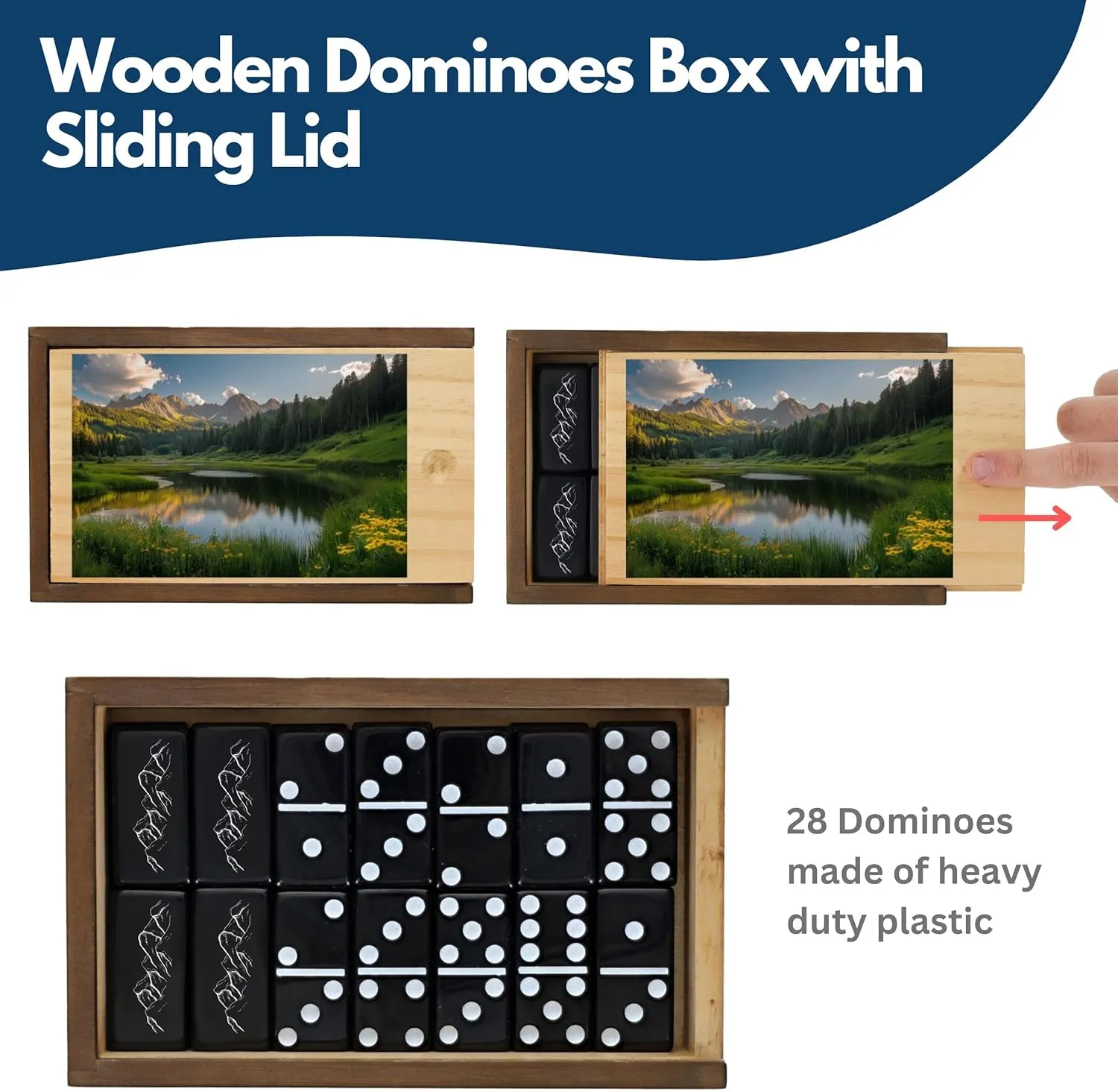 WE Games Custom Color Logo or Image Double 6 Black Dominoes Set in Wooden Case