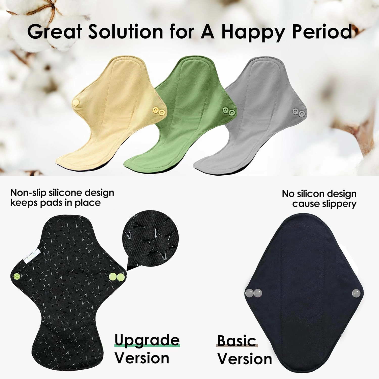 Wegreeco 6 Pcs Reusable Menstrual Pads - Ultra Absorbent Cloth for Heavy Flow, Sanitary Protection for Teens, Women - Nonslip Panty Liners   Bag (Mustard Yellow, Grey, Beige, L)