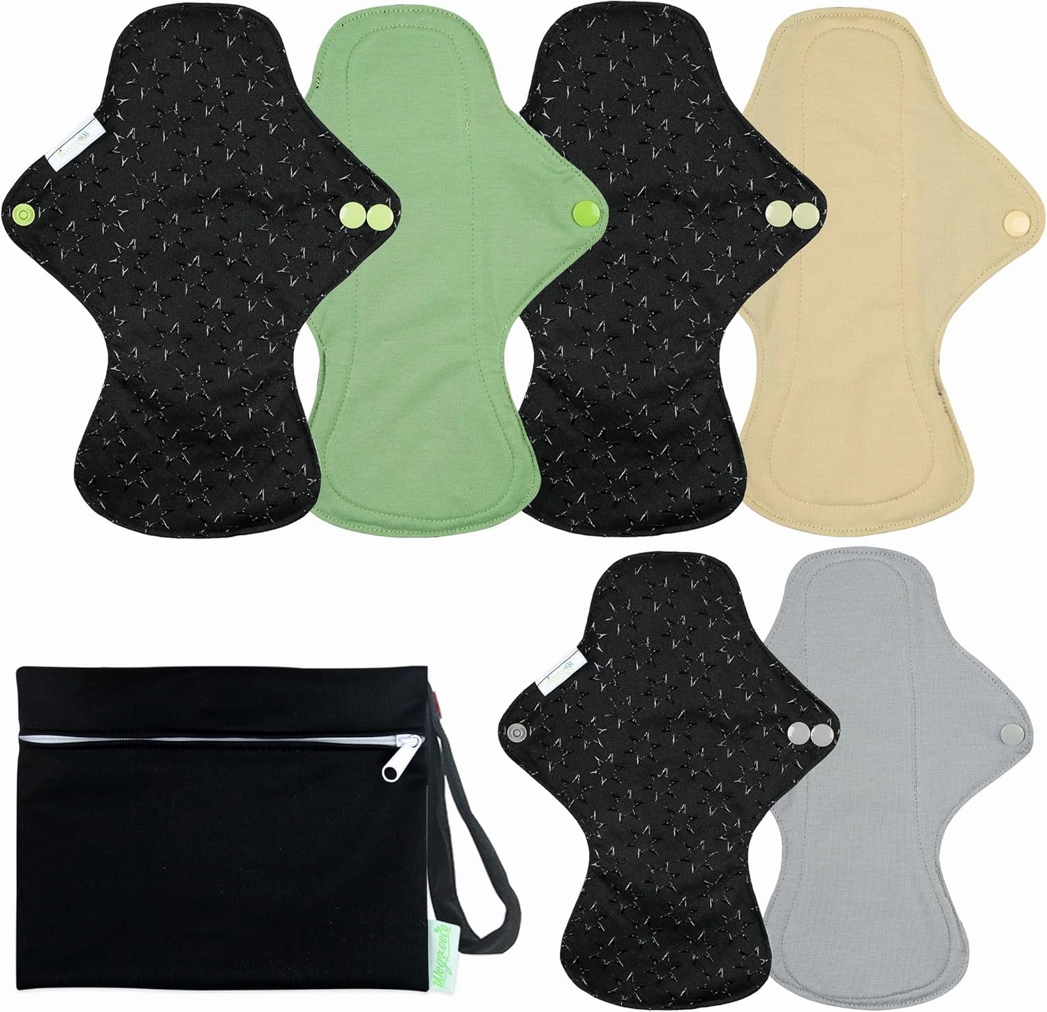 Wegreeco 6 Pcs Reusable Menstrual Pads - Ultra Absorbent Cloth for Heavy Flow, Sanitary Protection for Teens, Women - Nonslip Panty Liners   Bag (Mustard Yellow, Grey, Beige, L)