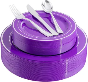 WELLIFE 200PCS Purple Silver Plastic Dinnerware Set, Purple and Silver Plates - Include 40 Dinner Plates, 40 Dessert Plates, 40 Knives, 40 Forks, 40 Spoons for Party, Weddings