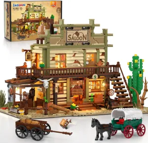 Western Saloon Building Set with LED Light, Wild West Building Block Toy 1727 PCS, Old West Construction Model with Horse Stable Carriage Cowboy Hat, House Building Kit for Adults Teens 12 
