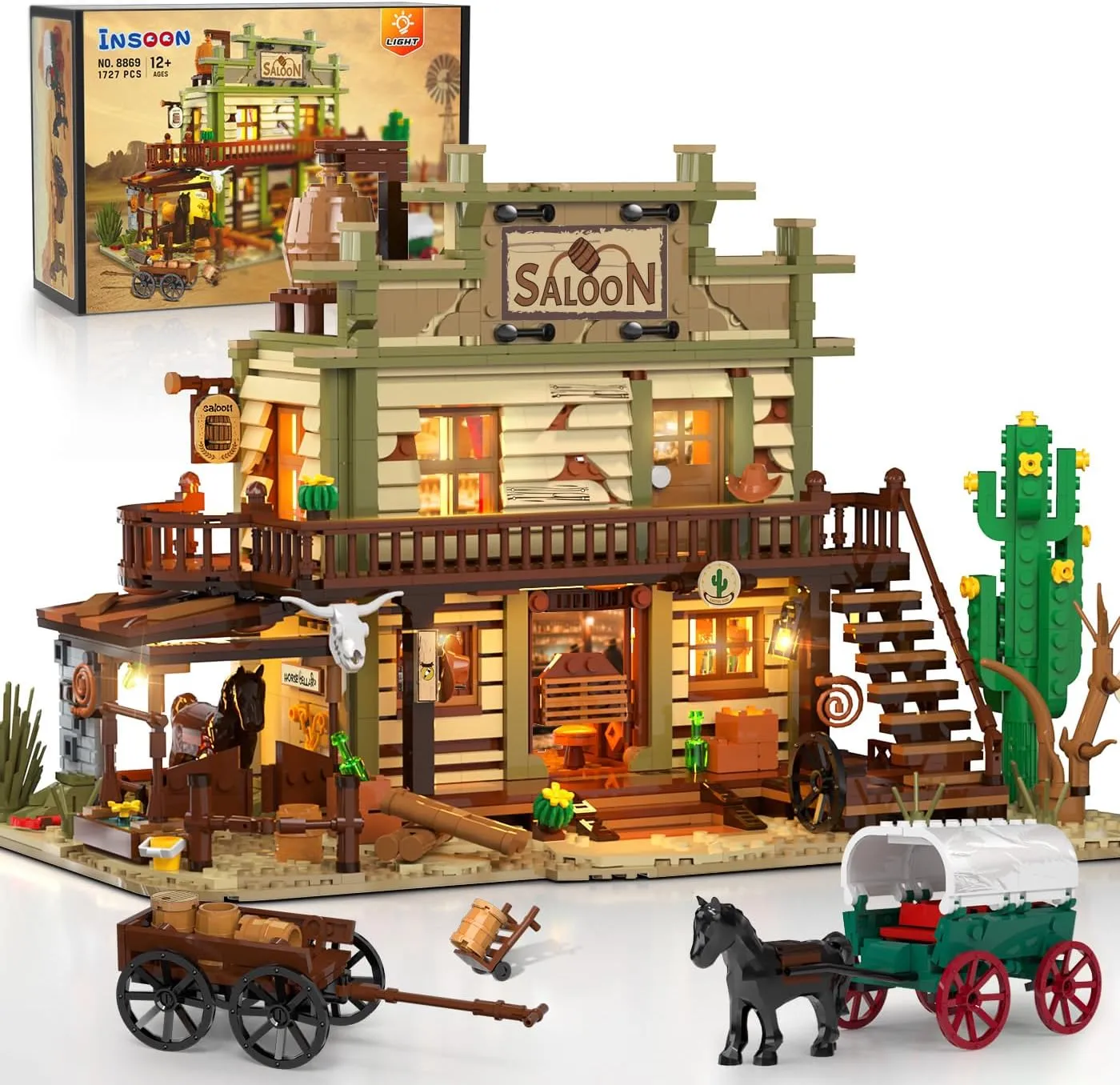 Western Saloon Building Set with LED Light, Wild West Building Block Toy 1727 PCS, Old West Construction Model with Horse Stable Carriage Cowboy Hat, House Building Kit for Adults Teens 12 