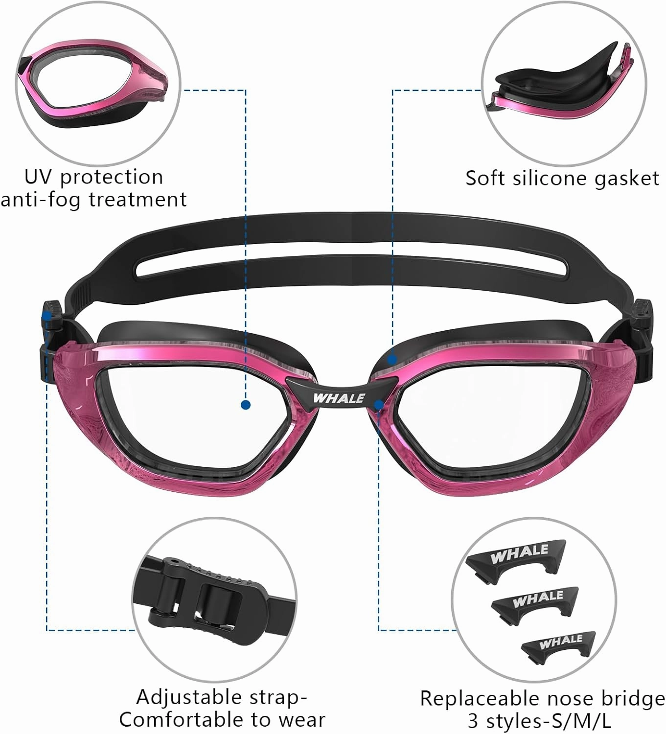 Whale Adult Swimming Goggles - 100% UV and Anti-fog - Ultra Soft Silicone Seal for Men/Ladies