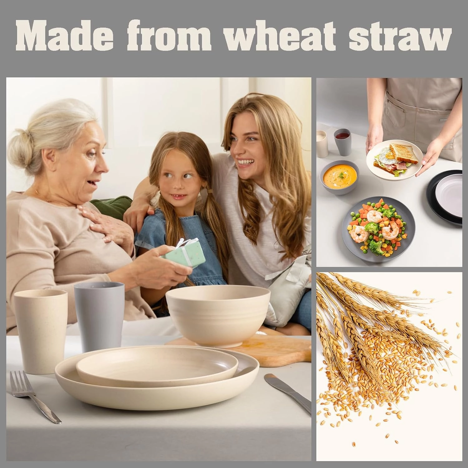 Wheat Straw Dinnerware Sets, 32Pcs Plastic Plates and Bowls Sets for 8, Unbreakable Reusable Wheat Straw Bowls Plates Cups Dishes Set, Dishwasher Microwave Safe, for RV Kitchen Camping
