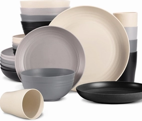 Wheat Straw Dinnerware Sets, 32Pcs Plastic Plates and Bowls Sets for 8, Unbreakable Reusable Wheat Straw Bowls Plates Cups Dishes Set, Dishwasher Microwave Safe, for RV Kitchen Camping