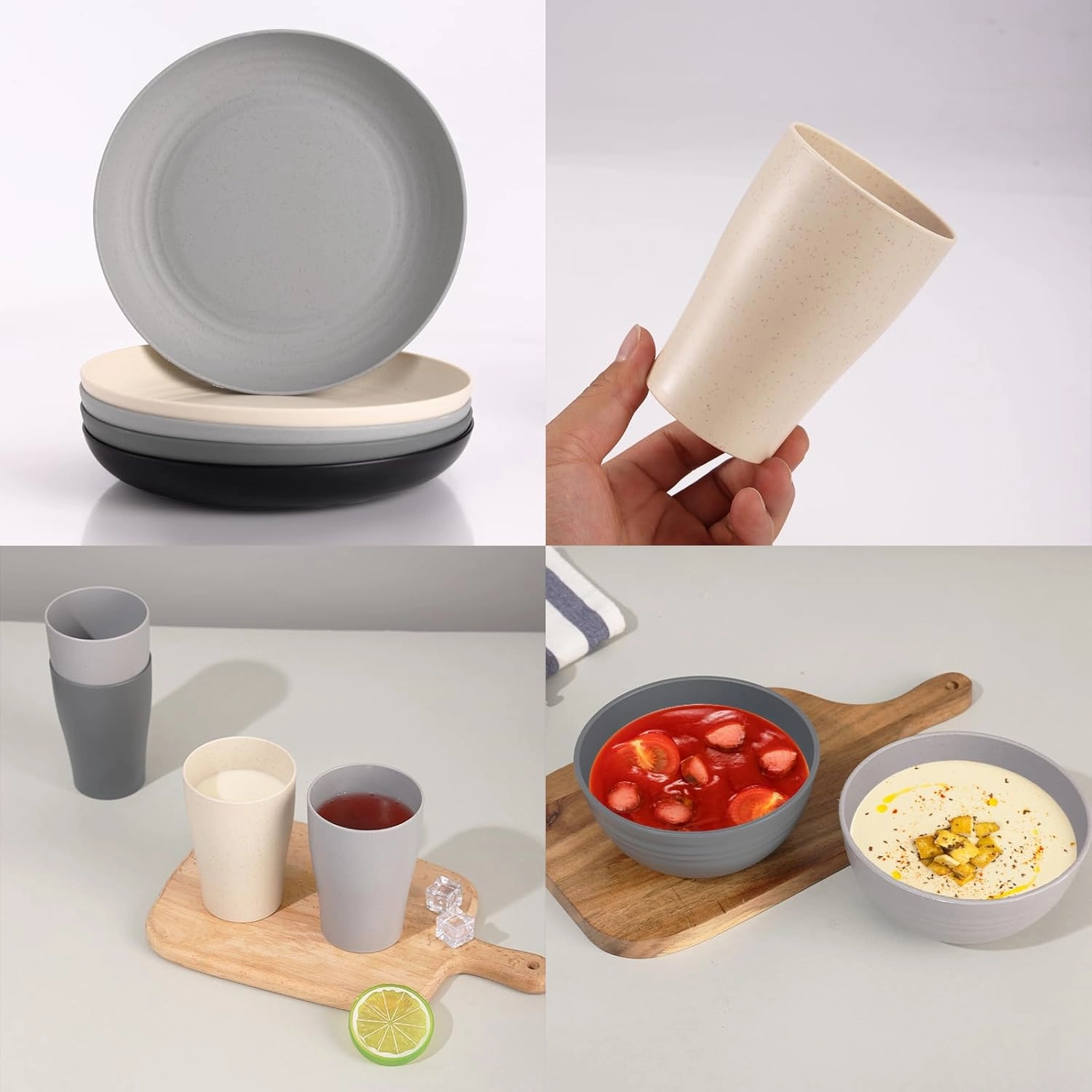 Wheat Straw Dinnerware Sets, 32Pcs Plastic Plates and Bowls Sets for 8, Unbreakable Reusable Wheat Straw Bowls Plates Cups Dishes Set, Dishwasher Microwave Safe, for RV Kitchen Camping