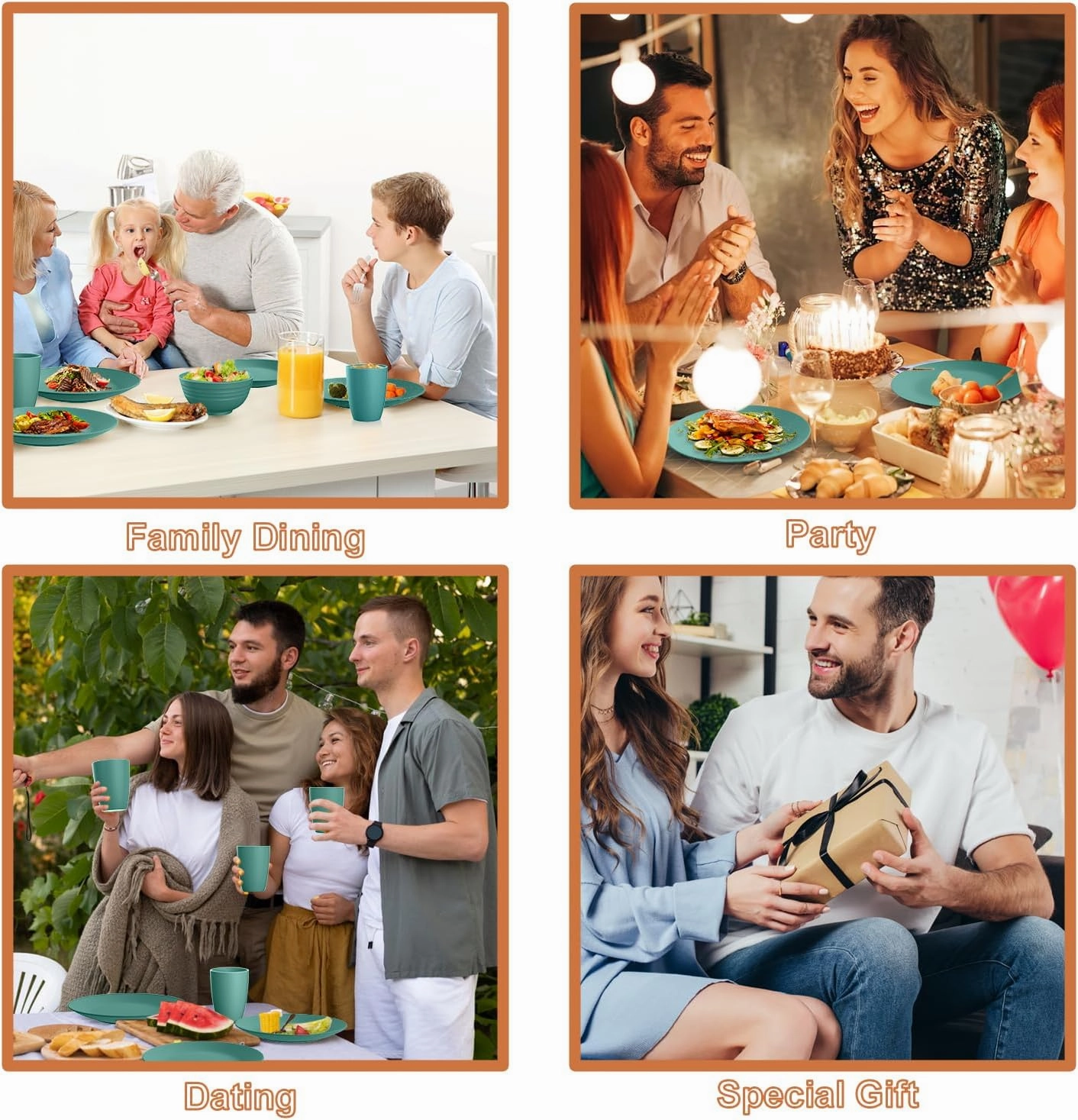 Wheat Straw Dinnerware Sets 40 PCS Unbreakable Dishes Set for Kitchen, Outdoor, Camping Dishes Plates and Bowls Sets with Cups, Dessert Plates, Dishwasher & Microwave Safe - Green