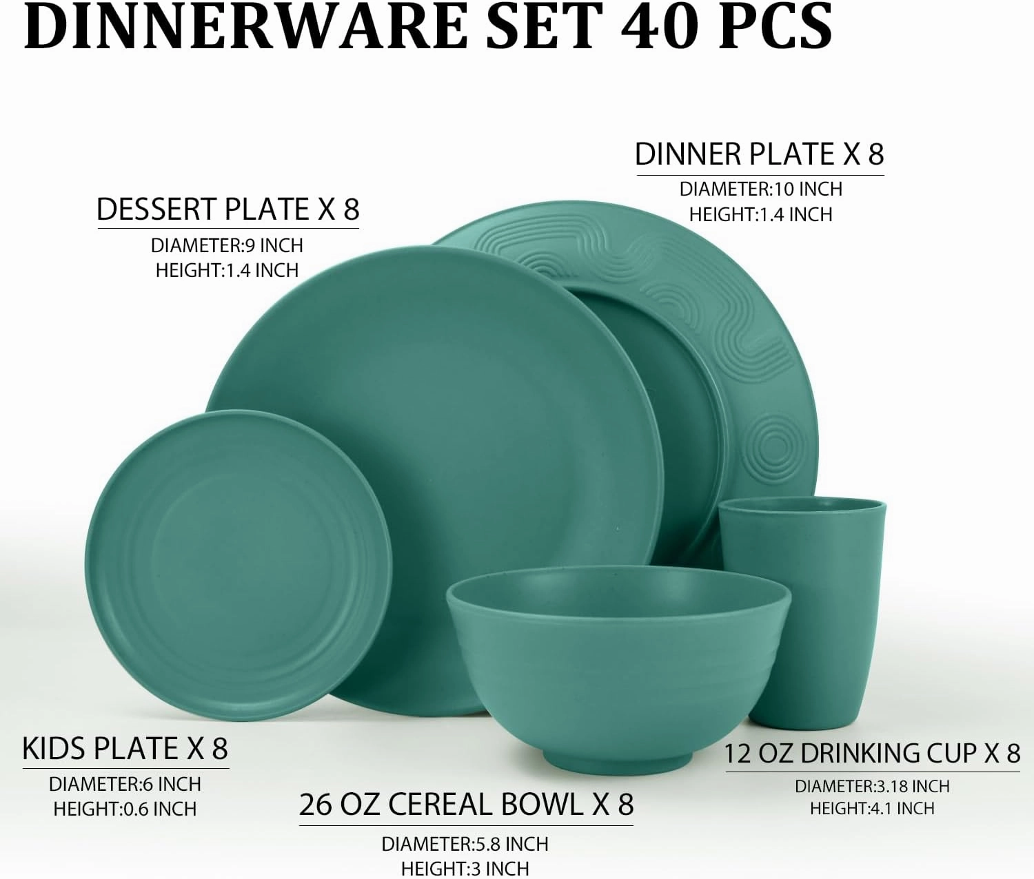 Wheat Straw Dinnerware Sets 40 PCS Unbreakable Dishes Set for Kitchen, Outdoor, Camping Dishes Plates and Bowls Sets with Cups, Dessert Plates, Dishwasher & Microwave Safe - Green