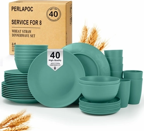 Wheat Straw Dinnerware Sets 40 PCS Unbreakable Dishes Set for Kitchen, Outdoor, Camping Dishes Plates and Bowls Sets with Cups, Dessert Plates, Dishwasher & Microwave Safe - Green