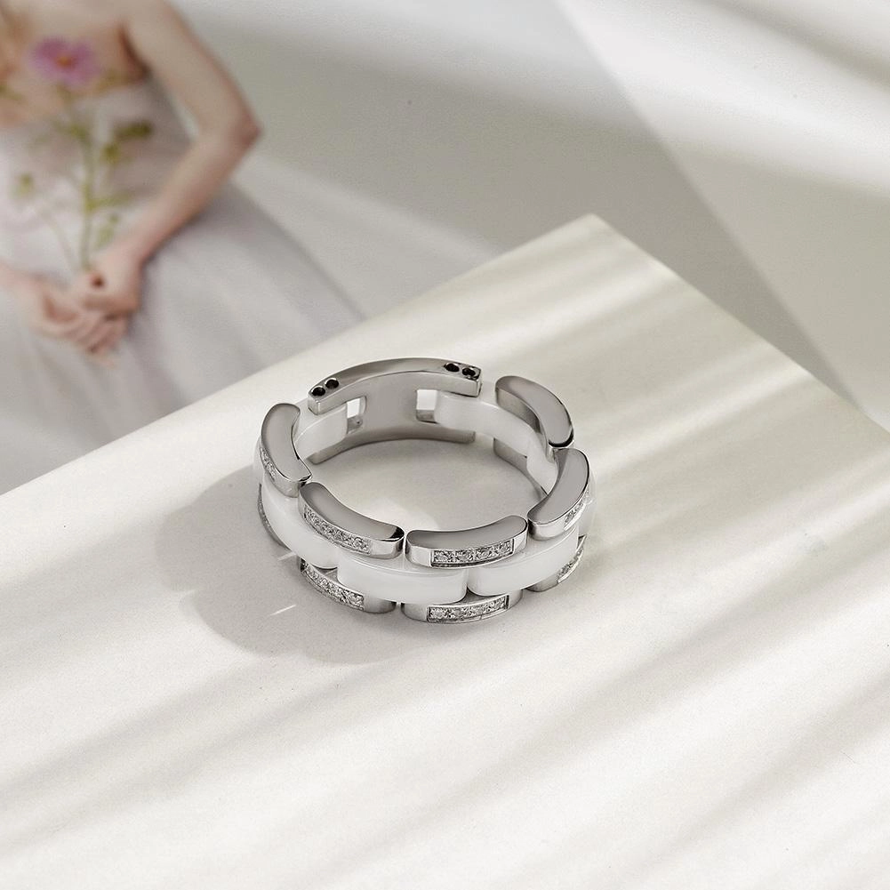 White Ceramic Stacking Ring with CZ Stones - Hypoallergenic, Sizes 6-10, Gift Box Included