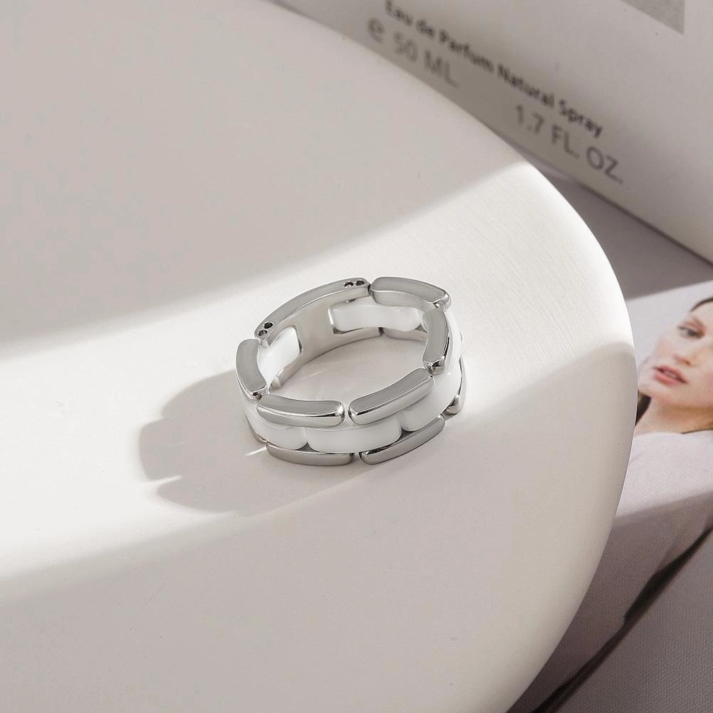White Ceramic Stacking Ring with CZ Stones - Hypoallergenic, Sizes 6-10, Gift Box Included