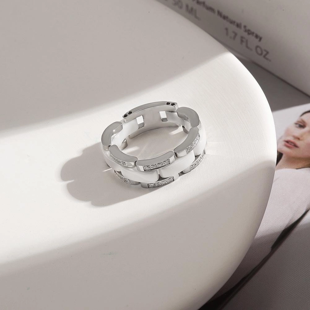 White Ceramic Stacking Ring with CZ Stones - Hypoallergenic, Sizes 6-10, Gift Box Included