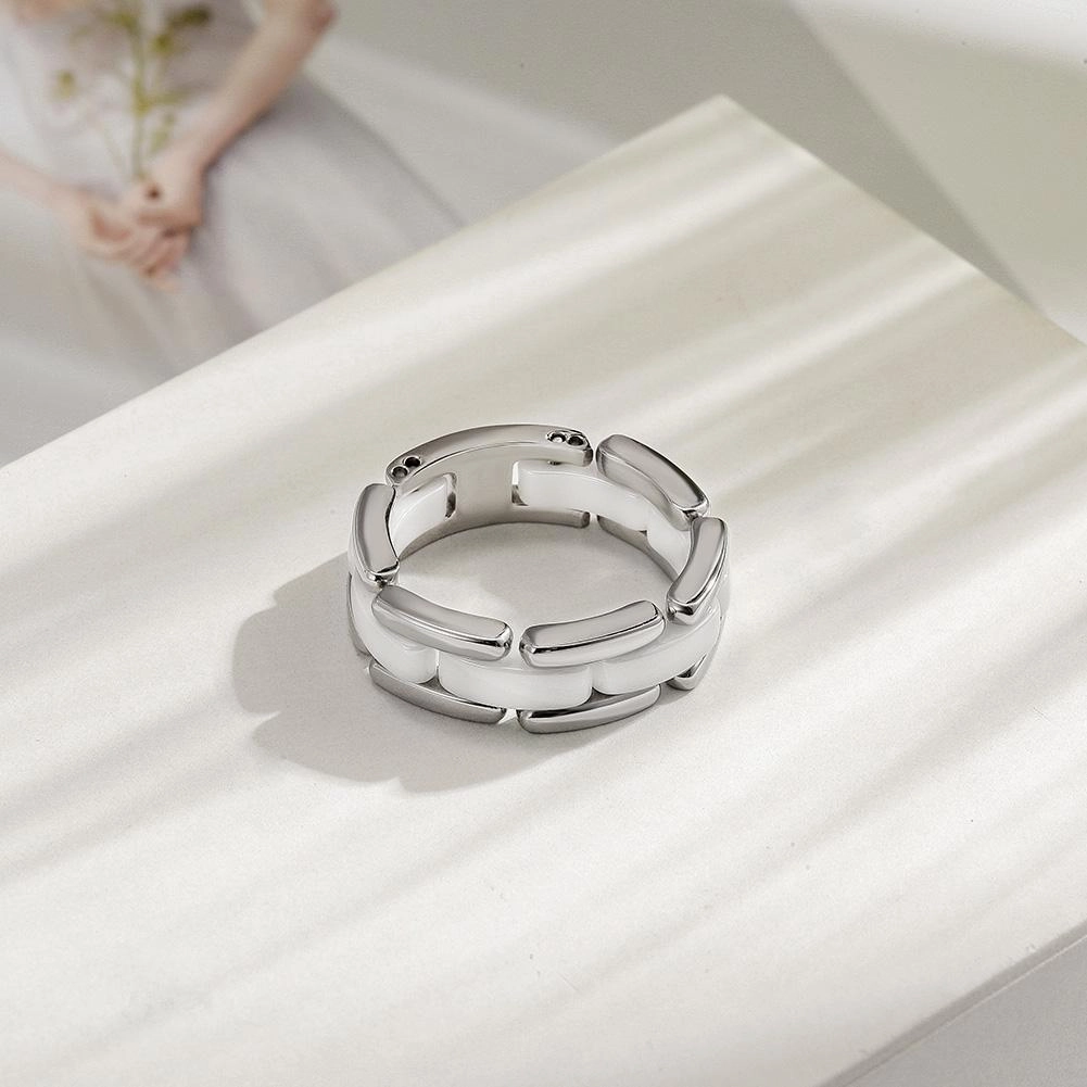 White Ceramic Stacking Ring with CZ Stones - Hypoallergenic, Sizes 6-10, Gift Box Included