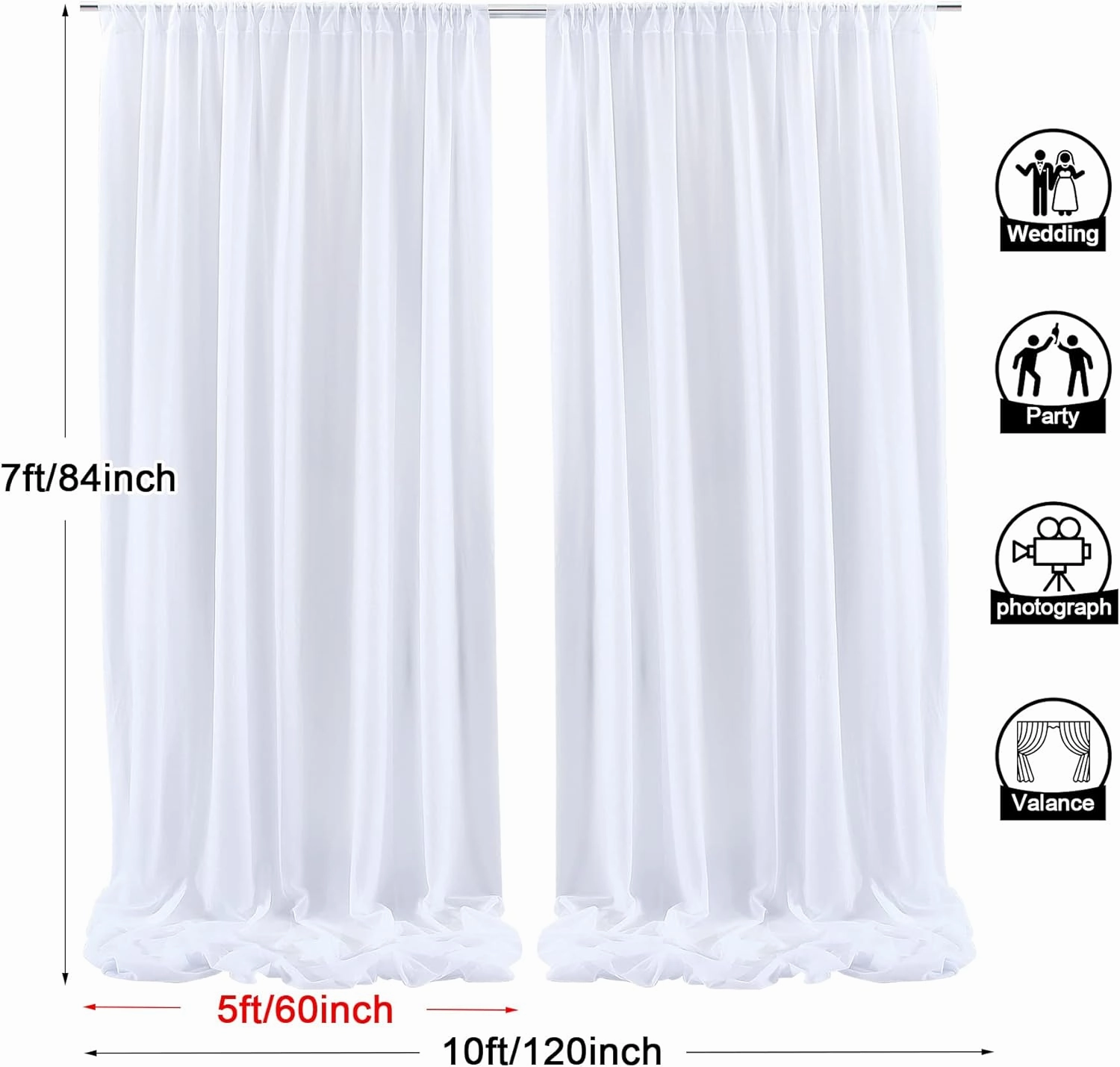 White Chiffon Sheer Backdrop Curtain for Wedding, Parties, White Tulle Arch Drapes for Photo Backdrop Decoration,Wrinkle-Free 10ft x 7ft