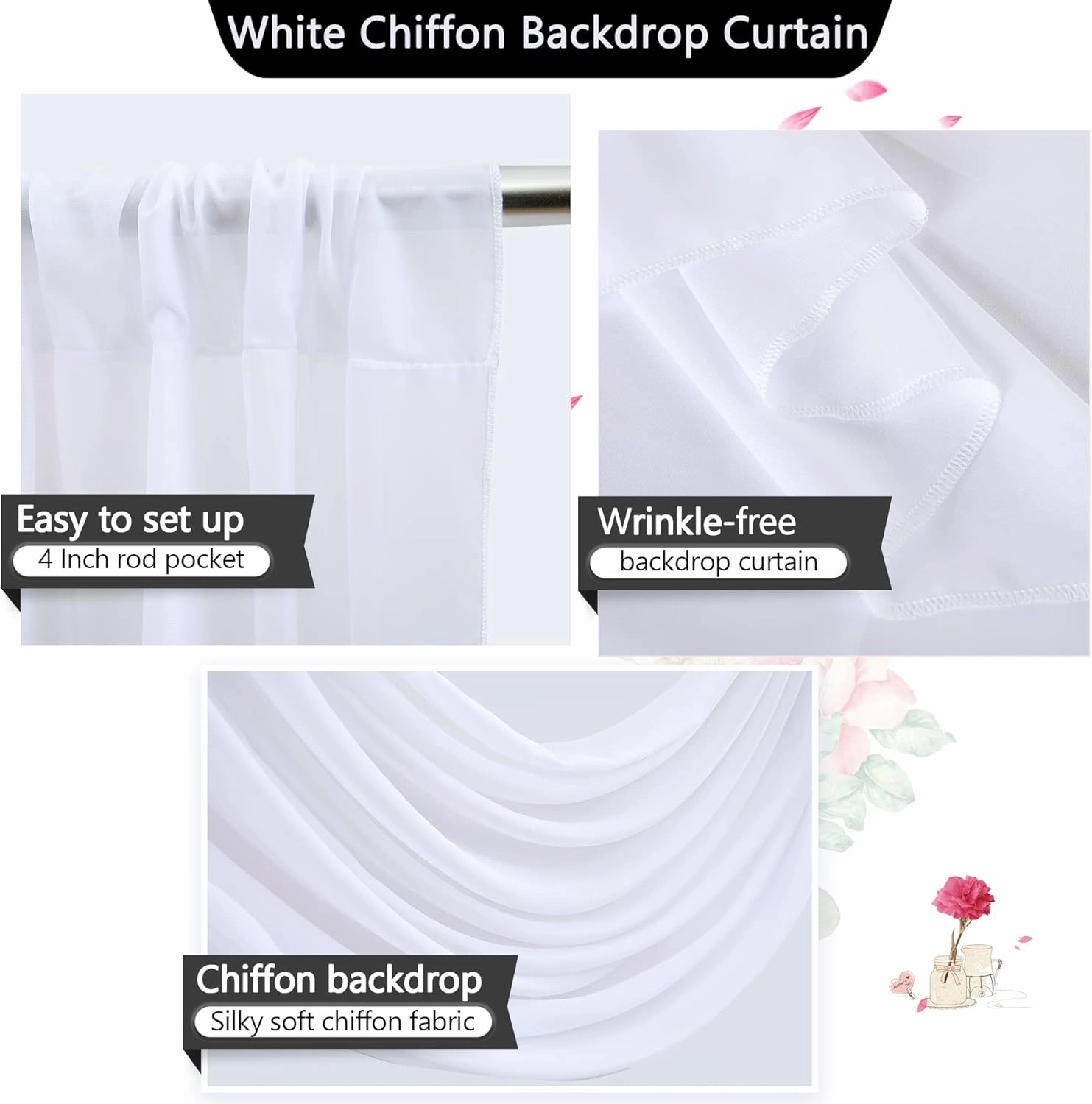 White Chiffon Sheer Backdrop Curtain for Wedding, Parties, White Tulle Arch Drapes for Photo Backdrop Decoration,Wrinkle-Free 10ft x 7ft