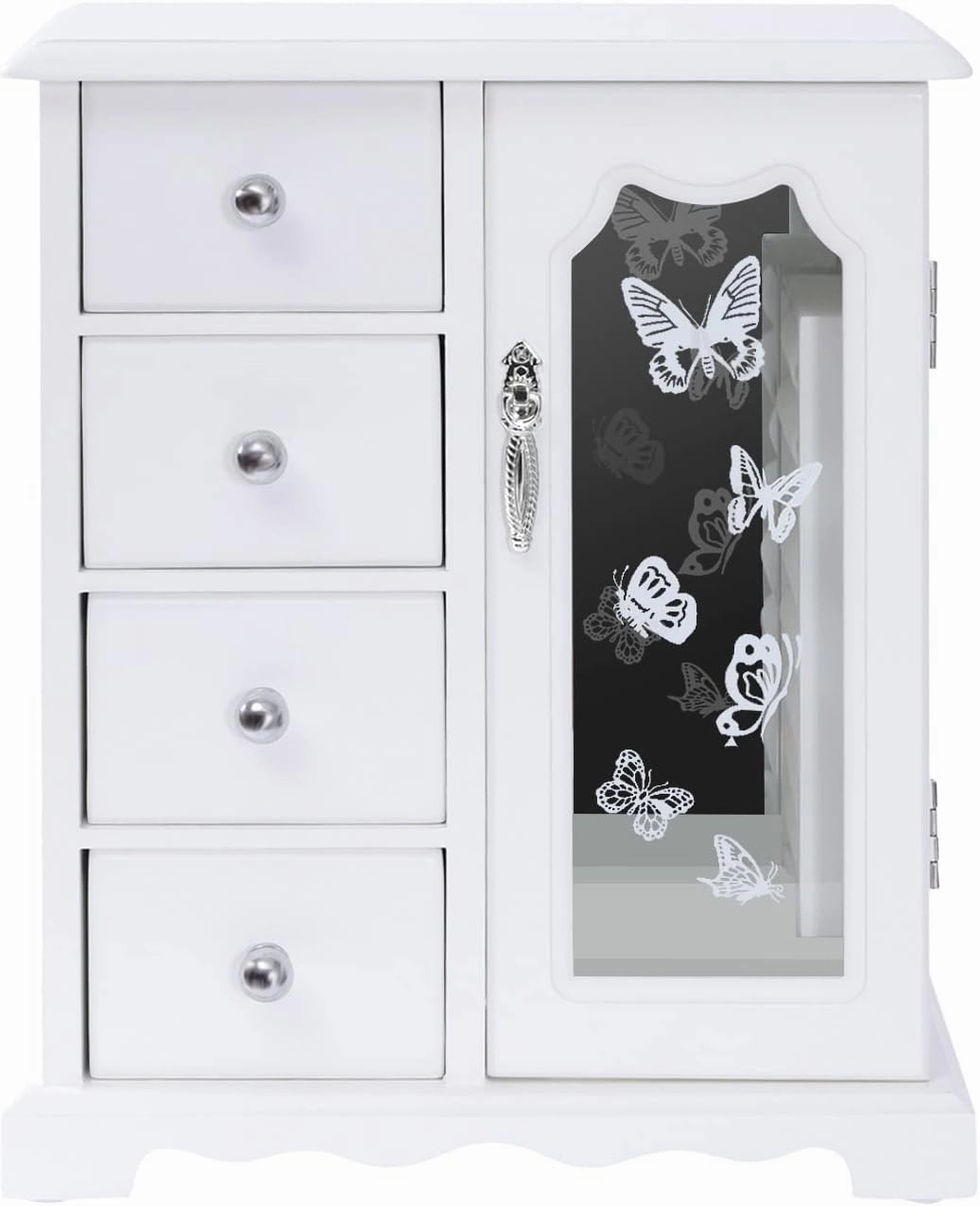 White Jewelry Box - Rotatable Hook with Large Mirror Dresser Decor - Wooden Makeup and Accessories Organizer with 4 Drawers - Wood Jewelry Case with Mirror for Necklaces, Earring, Rings