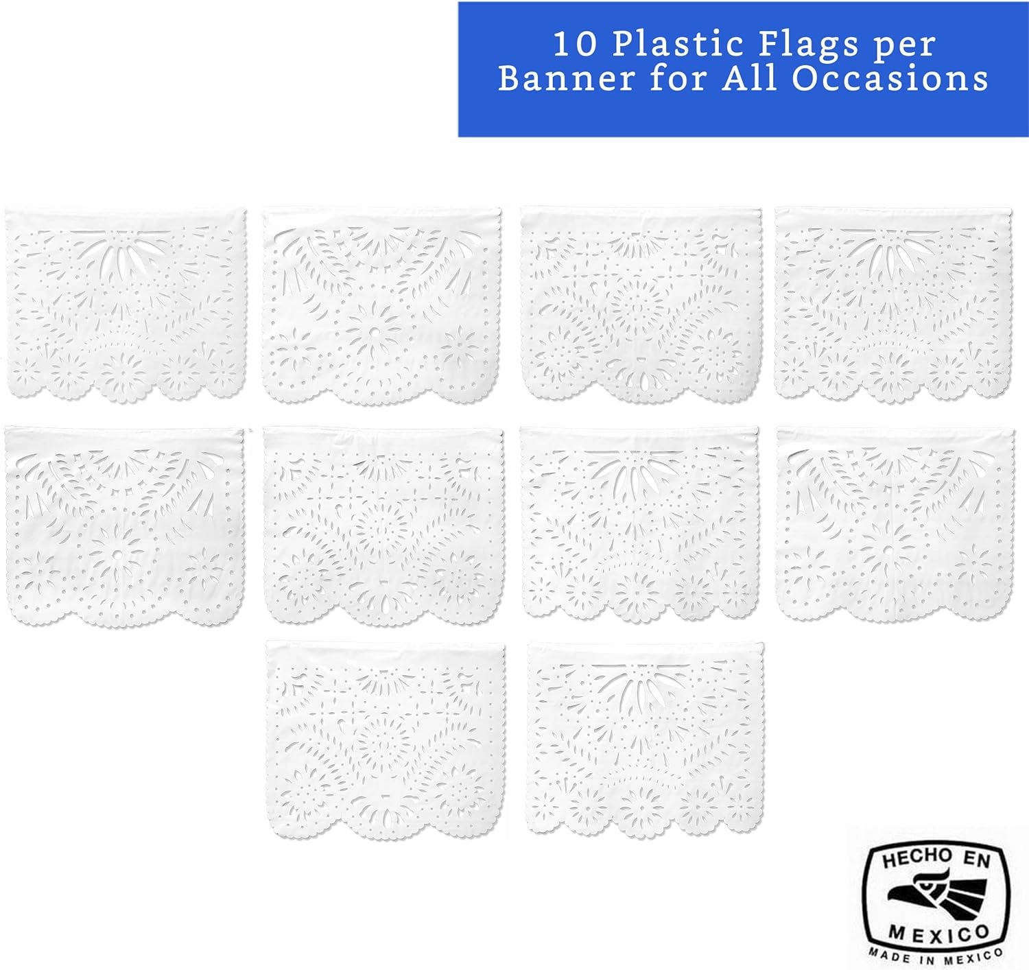 White Papel Picado Banner (5 Pack - 10 Plastic Flags per Banner) - White Mexican Banners for Parties and Weddings - Mexican Themed Party Decorations - Papel Picado Mexicano para Decoraciones