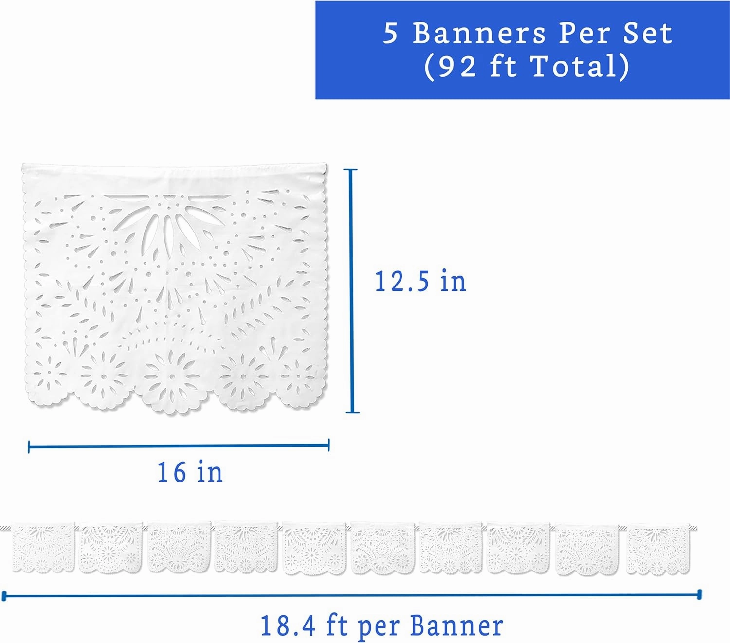 White Papel Picado Banner (5 Pack - 10 Plastic Flags per Banner) - White Mexican Banners for Parties and Weddings - Mexican Themed Party Decorations - Papel Picado Mexicano para Decoraciones