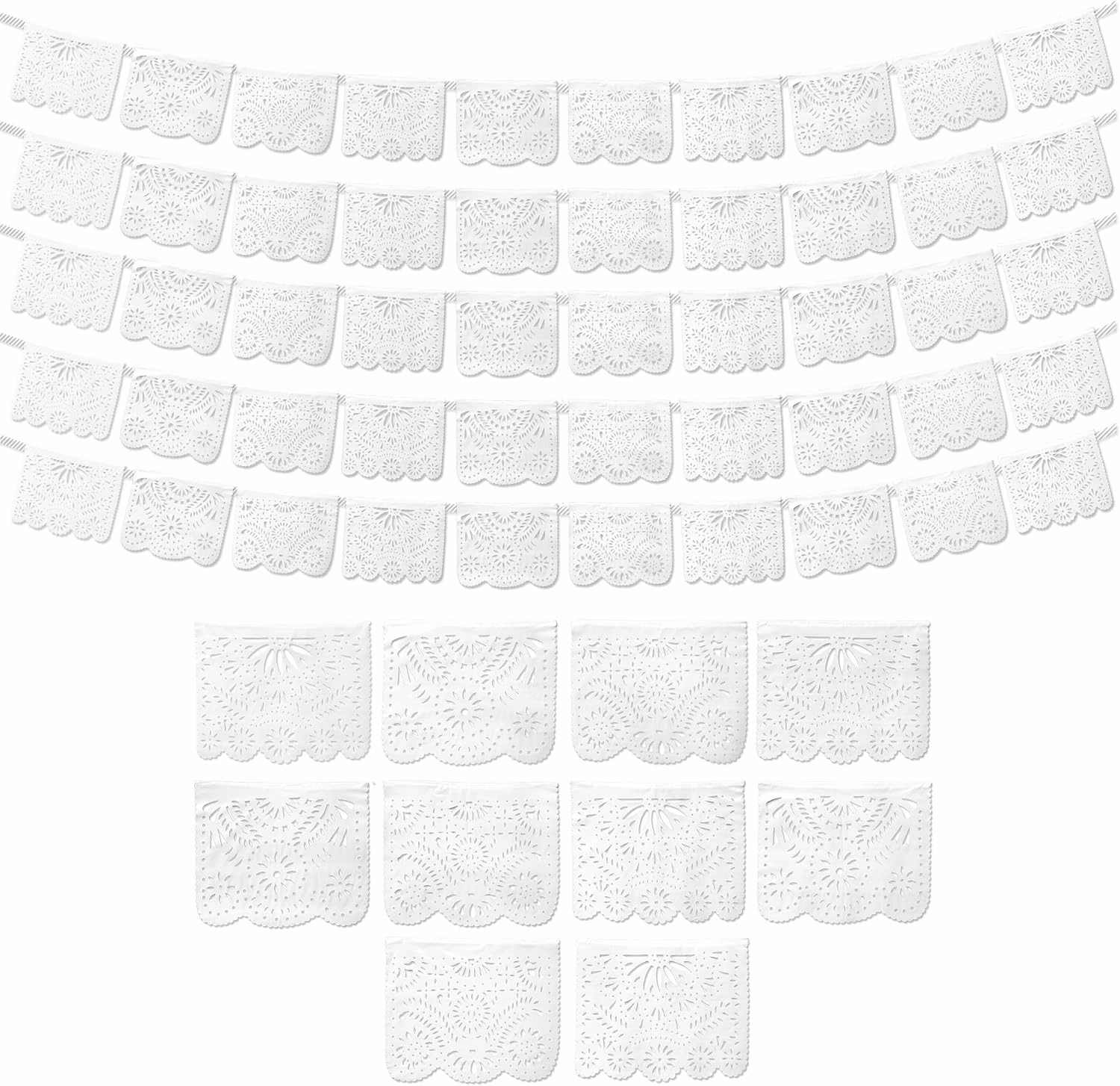 White Papel Picado Banner (5 Pack - 10 Plastic Flags per Banner) - White Mexican Banners for Parties and Weddings - Mexican Themed Party Decorations - Papel Picado Mexicano para Decoraciones
