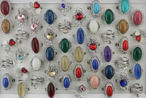 Wholesale Jewelry Lots 32pcs Mixed Resin Rhinestone Party Lady's Silver P Rings