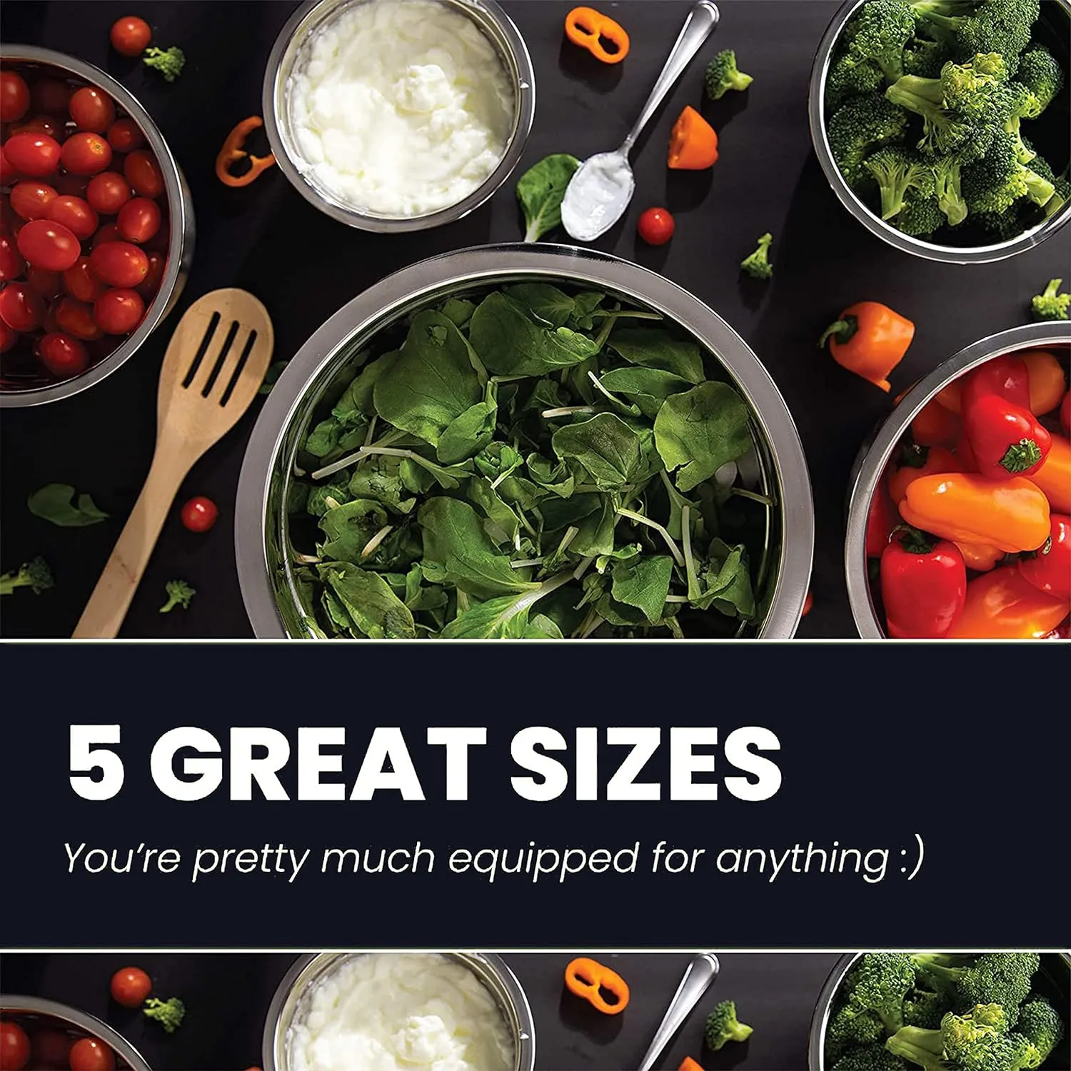 WHYSKO Meal Prep Stainless Steel Mixing Bowls Set, Home, Refrigerator, and Kitchen Food Storage Organizers | Ecofriendly, Reusable, Heavy Duty (Black)