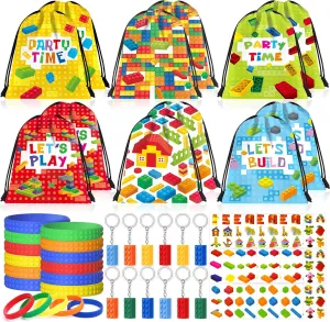 Winrayk 12 Sets Building Blocks Party Favors Birthday Supplies for Kids, Building Block Themed Drawstring Bags Stickers Filler Goody Bag Stuffers, Girls Boys Game Building Blocks Birthday Party Favors