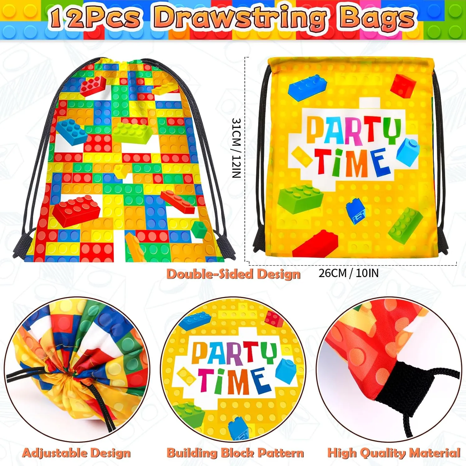 Winrayk 12 Sets Building Blocks Party Favors Birthday Supplies for Kids, Building Block Themed Drawstring Bags Stickers Filler Goody Bag Stuffers, Girls Boys Game Building Blocks Birthday Party Favors