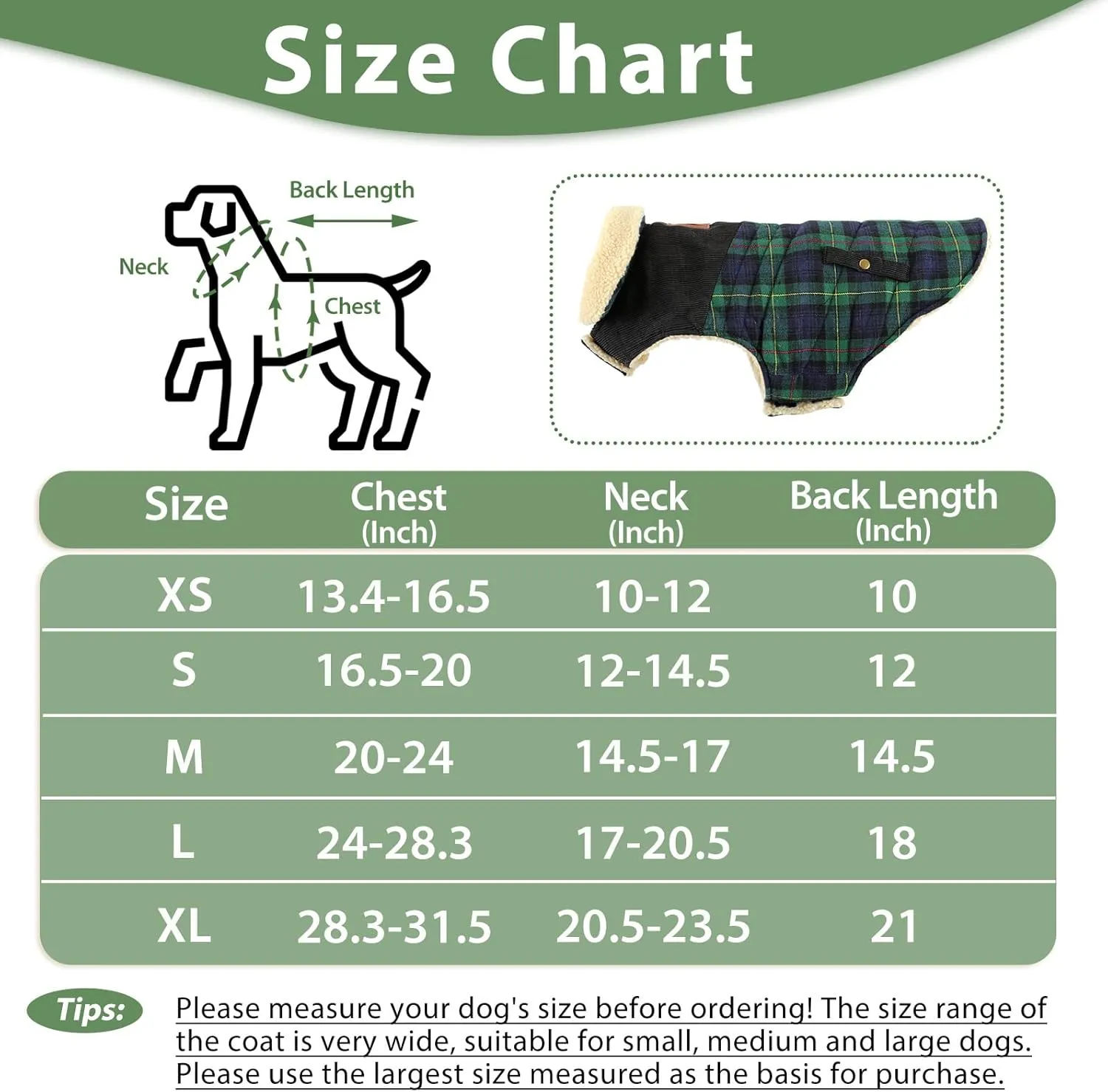 Winter Coat for Small and Medium Dogs, Puppy Plaid Jacket, Cotton Coat for Cold Weather, Windproof Warm Dog Garments, Pet Thickened Outfits Indoor Outdoor, Green XS