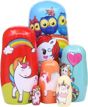 Winterworm Set of 6 Lovely Unicorn Wooden Russian Nesting Dolls Matryoshka Doll for Home Decoration Kids Stacking Dolls Toy Birthday