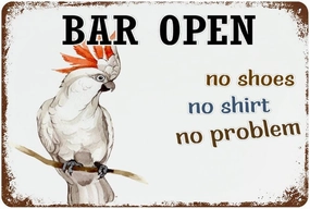 Wodevor Bar Open No Shoes No Shirt No Problem Metal Signs Parrot Flowers Beach Flamingo Rustic Wall Decorations for Terrace Men Macaw Parrot Animal Pet Tin Signs for Home 8"x12"