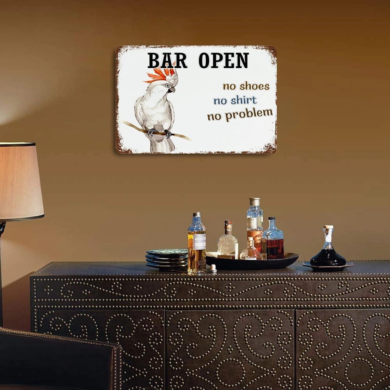 Wodevor Bar Open No Shoes No Shirt No Problem Metal Signs Parrot Flowers Beach Flamingo Rustic Wall Decorations for Terrace Men Macaw Parrot Animal Pet Tin Signs for Home 8"x12"