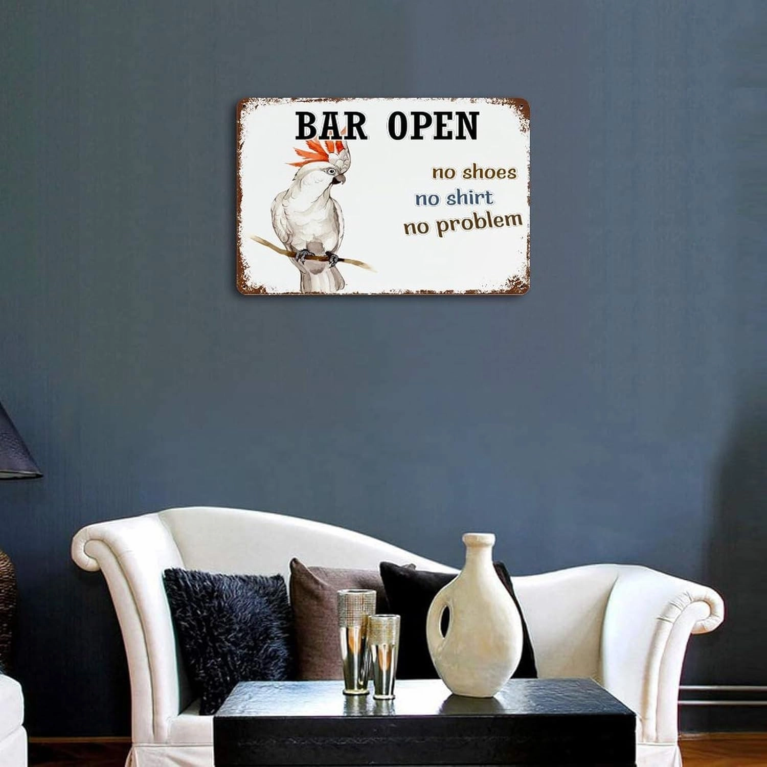 Wodevor Bar Open No Shoes No Shirt No Problem Metal Signs Parrot Flowers Beach Flamingo Rustic Wall Decorations for Terrace Men Macaw Parrot Animal Pet Tin Signs for Home 8"x12"