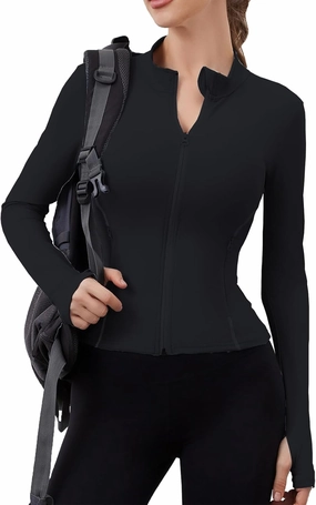 Women Built-In Pockets Athletic Jackets Slim Fit Full Zip up Workout Yoga Gym Jacket with Thumb Holes
