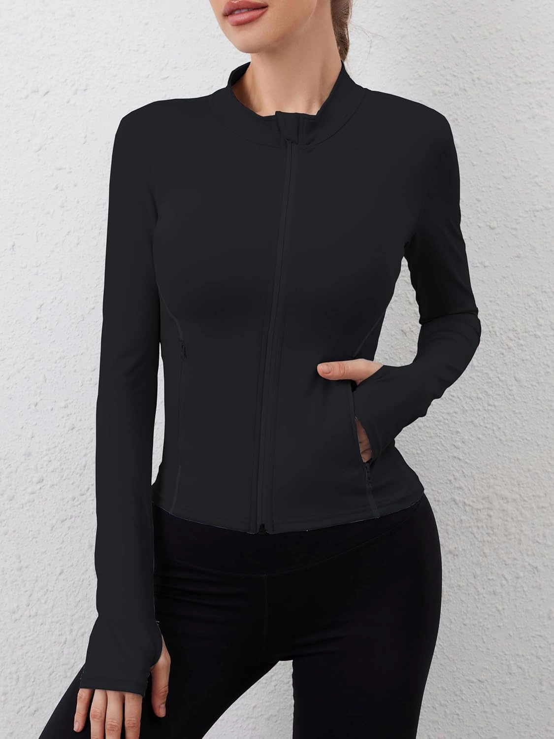 Women Built-In Pockets Athletic Jackets Slim Fit Full Zip up Workout Yoga Gym Jacket with Thumb Holes